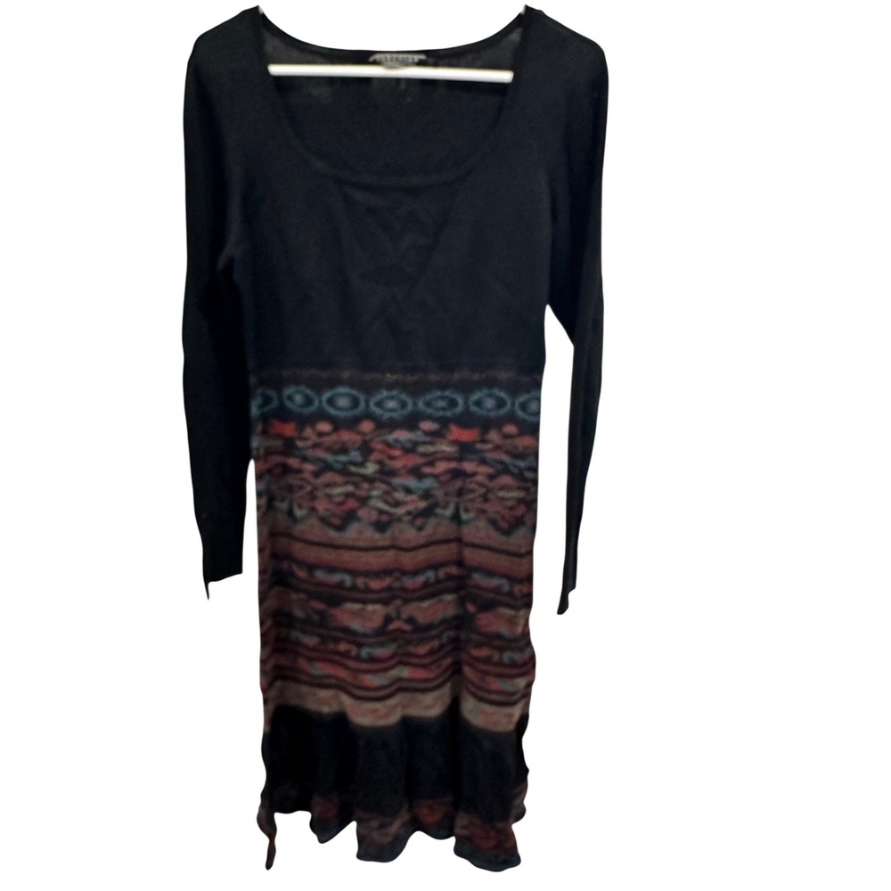 Peruvian Connection Black Multi Color Aztec Pattern Knit Sweater Dress Size M‎